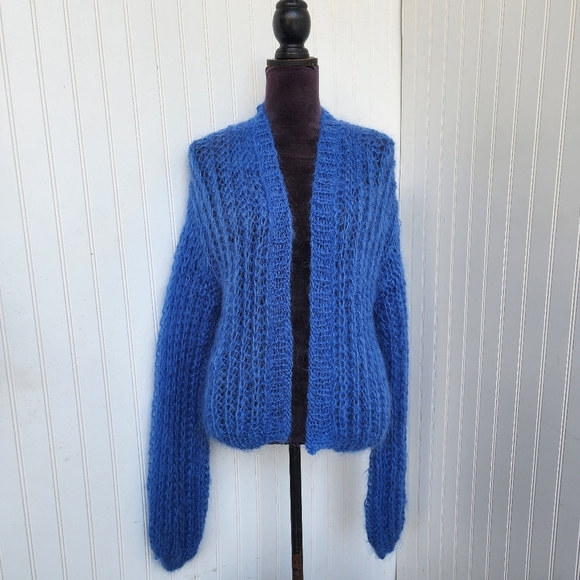 Sweaters - Handmade Fuzzy Mohair Wool Cardigan Sweater Women's Blue Dropped Shoulder  Sz M